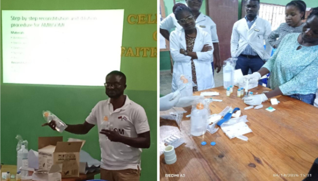 De training begon met het theoretische deel (met het nieuwe SONOM-shirt mooi in beeld) waarna de medici en verpleegkundigen de uitleg in de praktijk konden brengen.